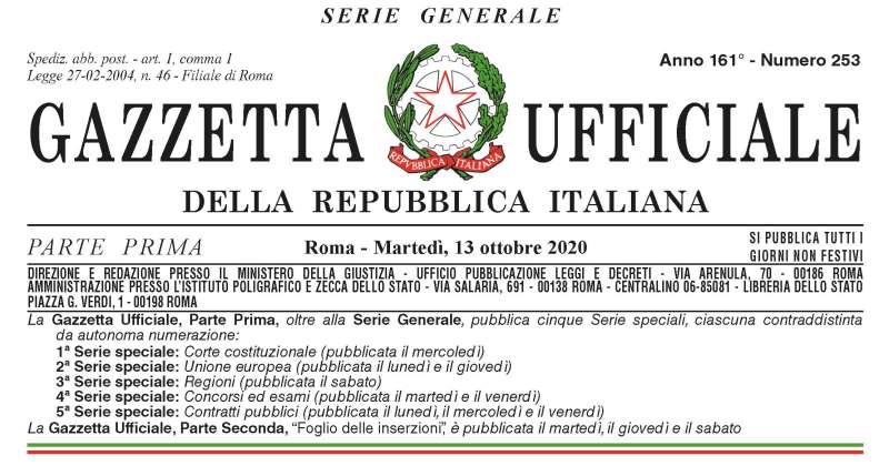 Coronavirus Covid-19: Sulla Gazzetta ufficiale il Decreto del Presidente del Consiglio dei Ministri 13/10/2020