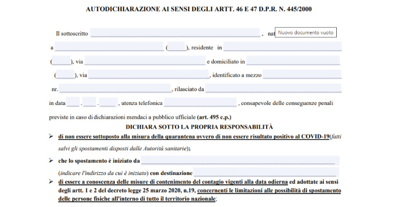 Emergenza COVID-19 e Fase 2: il nuovo modello editabile per l'autodichiarazione allo spostamento dal 4 maggio 2020