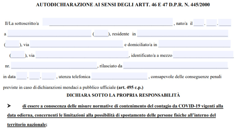 Coronavirus Covid-19: Il nuovo modello editabile per l'autodichiarazione allo spostamento dal 6 novembre 2020