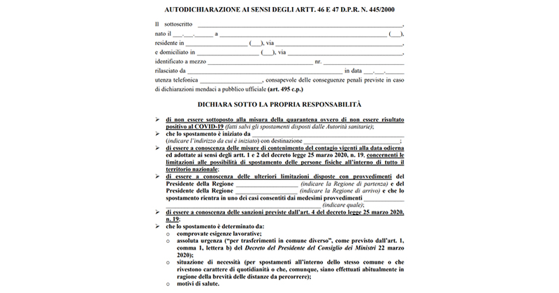 Emergenza Coronavirus COVID-19: aggiornato al D.L. 25 marzo 2020, n. 19 il modello editabile per l'autodichiarazione allo spostamento