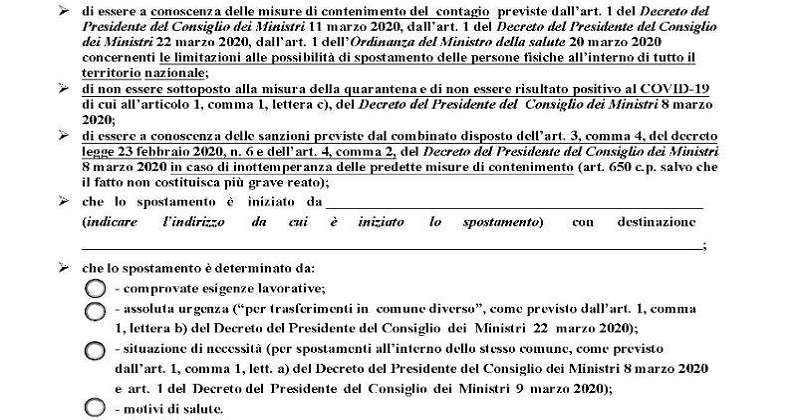 Emergenza Coronavirus COVID-19: aggiornato il modello editabile per l'autodichiarazione allo spostamento