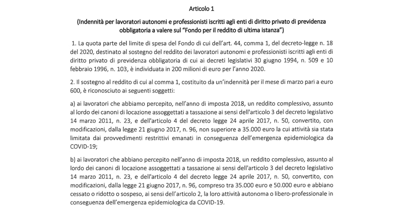 Bonus 600 euro lavoratori autonomi e professionisti Casse private: pubblicato il Decreto Interministeriale