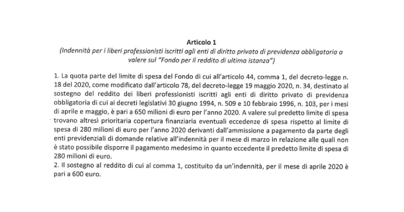 Bonus 600 euro liberi professionisti: il decreto con criteri e modalità di attribuzione per aprile
