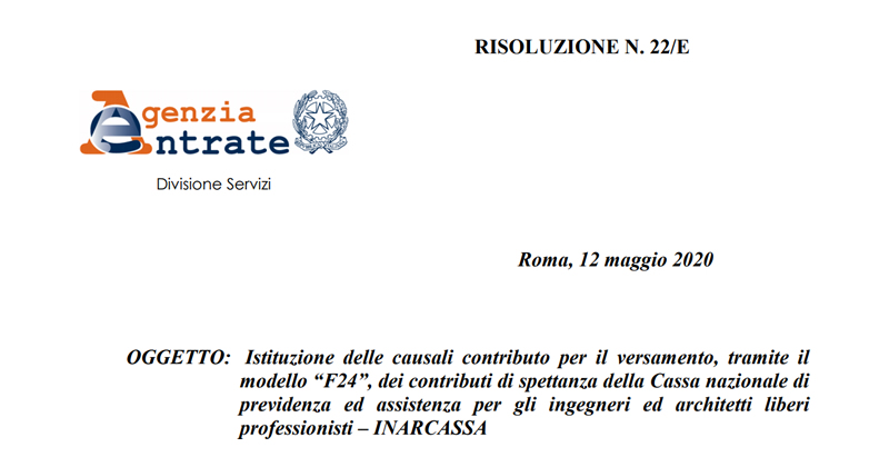 Previdenza Architetti e Ingegneri, dall'Agenzia delle Entrate il modello F24 per il pagamento dei contributi Inarcassa