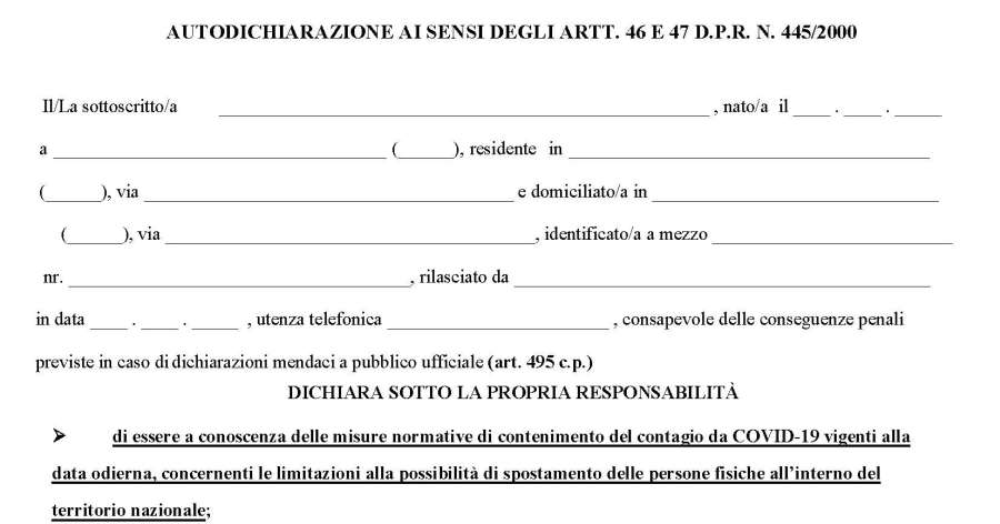 Coronavirus Covid-19: L’autodichiarazione utilizzabile dal 21 dicembre per le deroghe alle limitazioni degli spostamenti