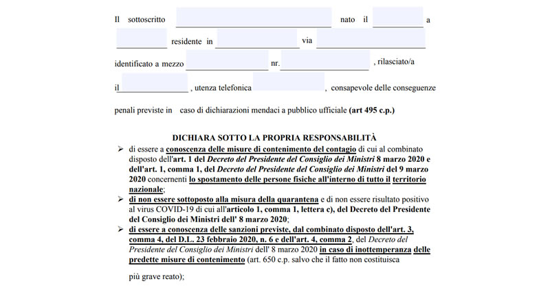 Emergenza Coronavirus COVID-19: aggiornato il modello editabile per l'autodichiarazione allo spostamento