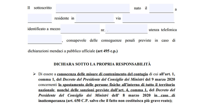 Emergenza Coronavirus COVID-19: il nuovo modello editabile per l'autodichiarazione allo spostamento