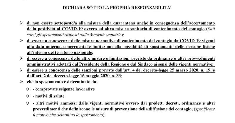 Coronavirus Covid-19 ieri: Ritorna il modulo per l’autodichiarazione