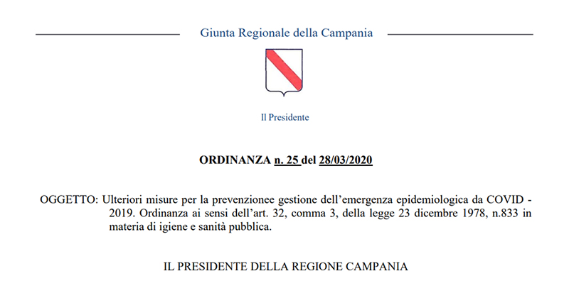 Ultime notizie Covid-19, Regione Campania: confermate misure restrittive fino al 14 aprile 2020