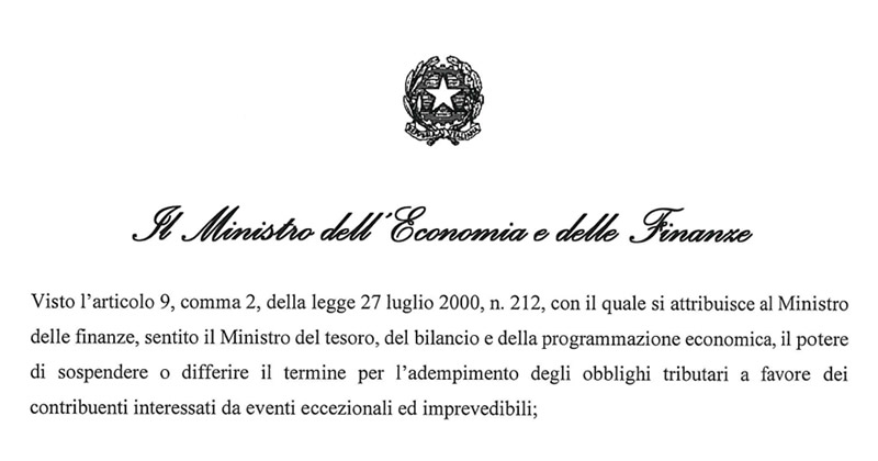 Coronavirus Covid-19: Il testo del decreto per sospensione versamenti e adempimenti tributari