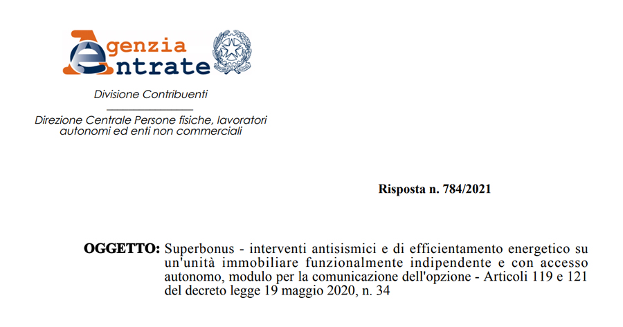 Superbonus 110% e unifamiliari: l'Agenzia delle Entrate sulla cessione del credito