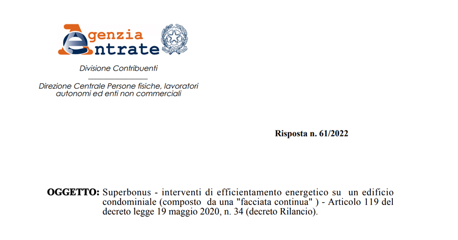 Superbonus 110% e facciata continua: nuova risposta del Fisco