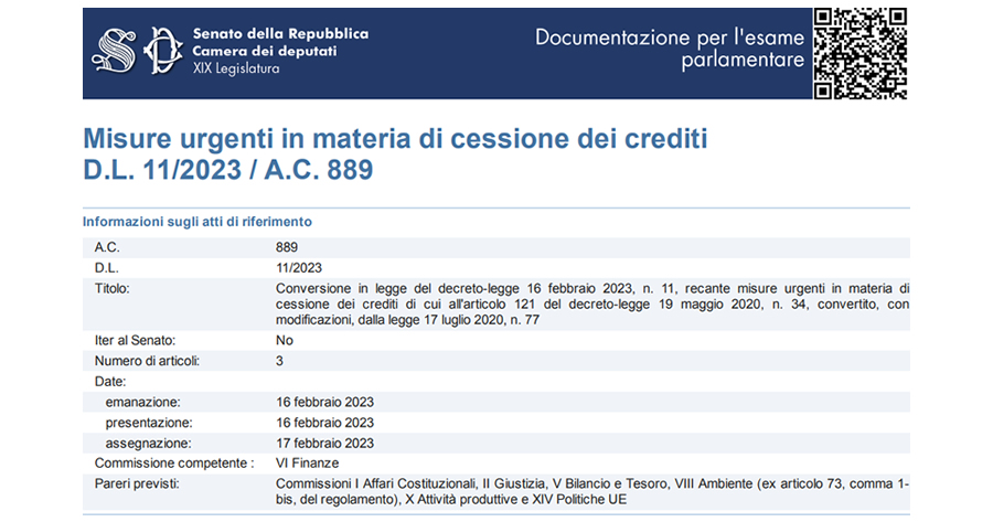 Blocco cessione del credito: alla Camera la conversione del D.L. n. 11/2023