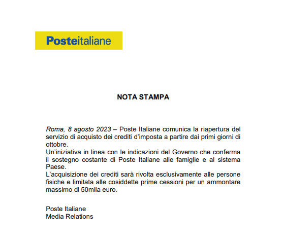 Comunicato Poste Italiane